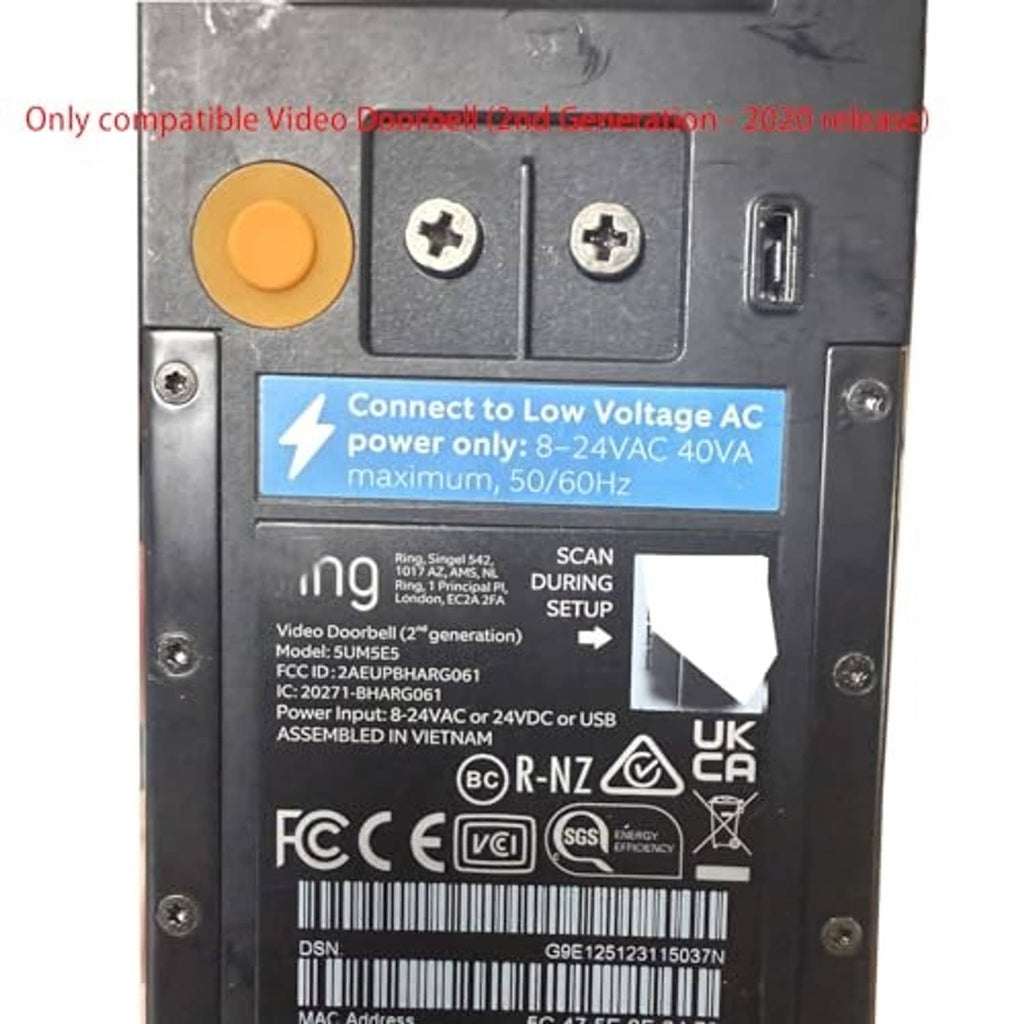 Rear hardware panel of video doorbell with connector ports and mounting points