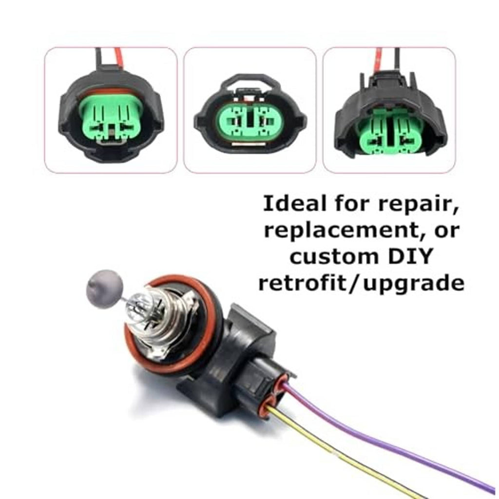 H11/H8 adapter for repair or DIY retrofit, showing green connector and attached bulb wiring
