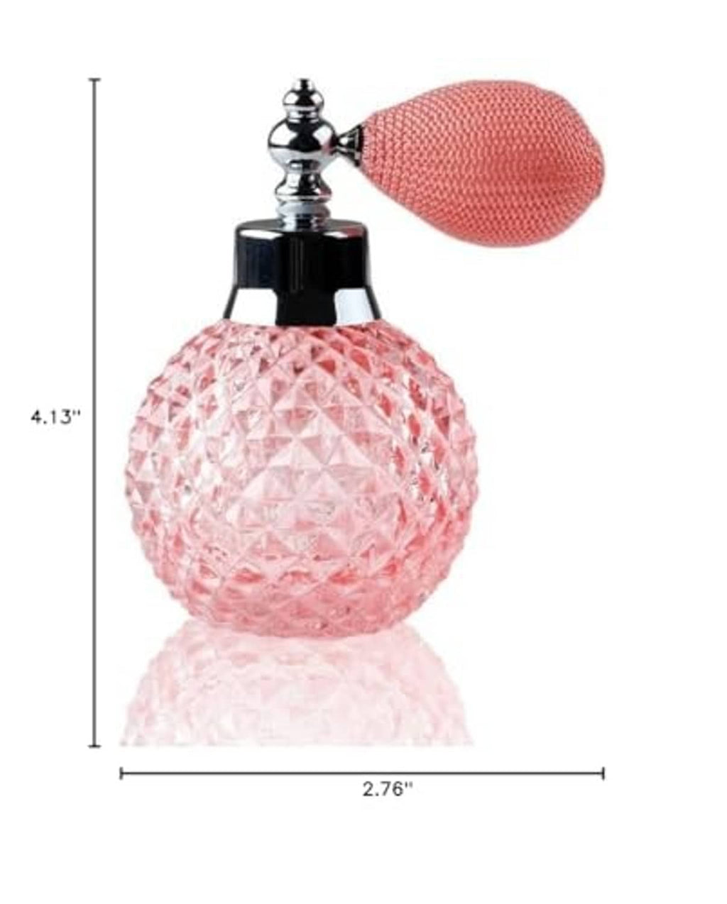 Refillable perfume atomizer with pink faceted bottle and spray nozzle; size measurements shown