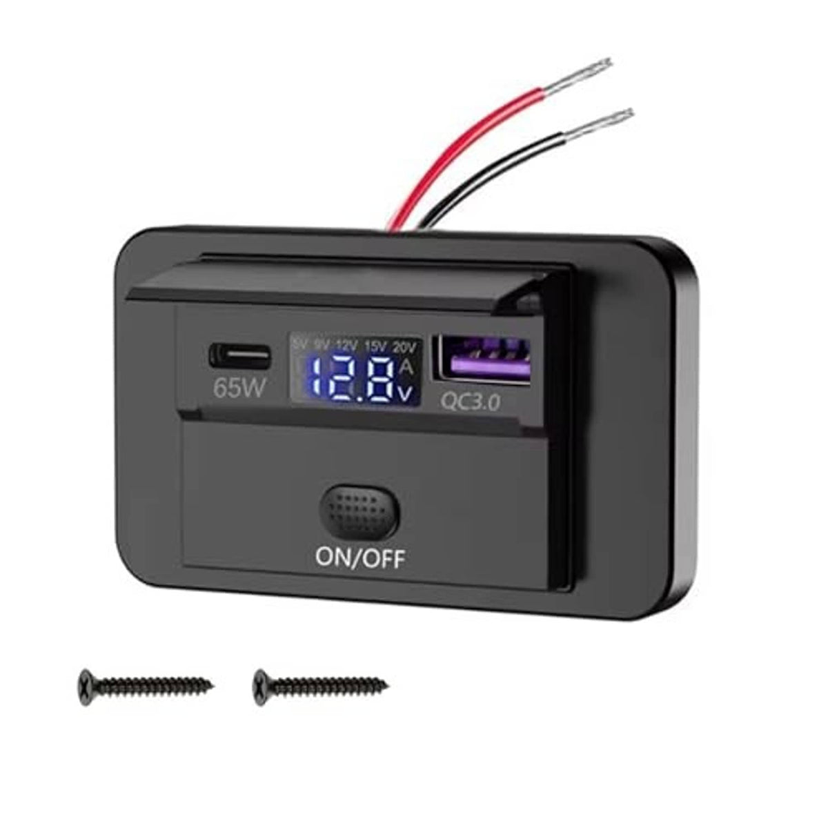 Black car USB outlet with LED display showing voltage, QC3.0 and PD power, and ON/OFF