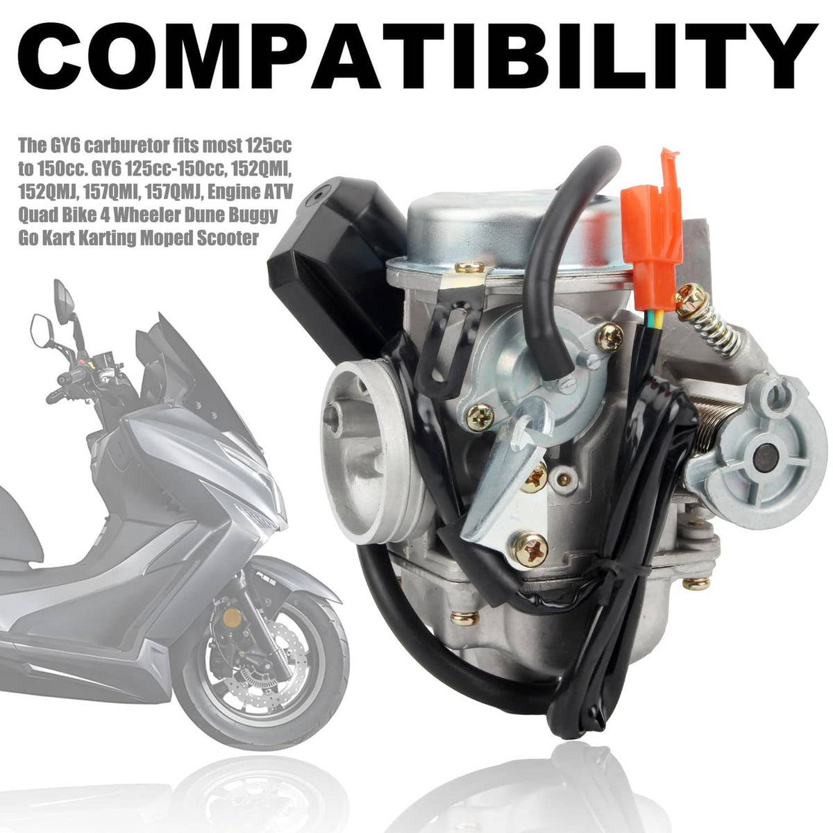 Carburetor with manifold and air filter shown for small scooter or ATV mounting