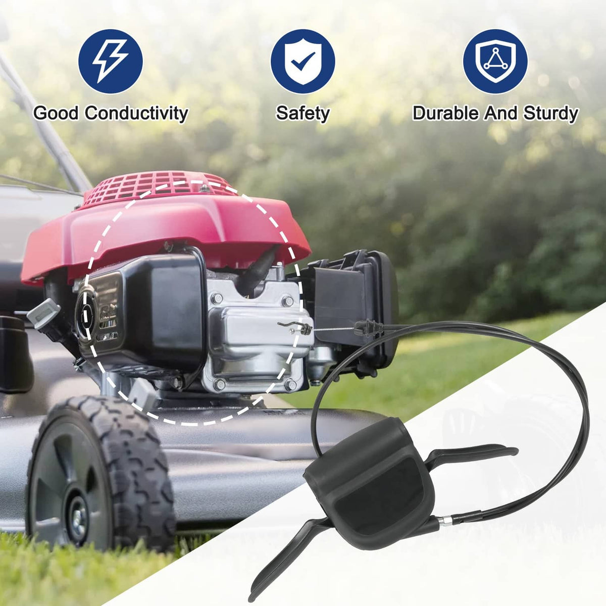 Black drive control cable module with handle switch attached to mower handle
