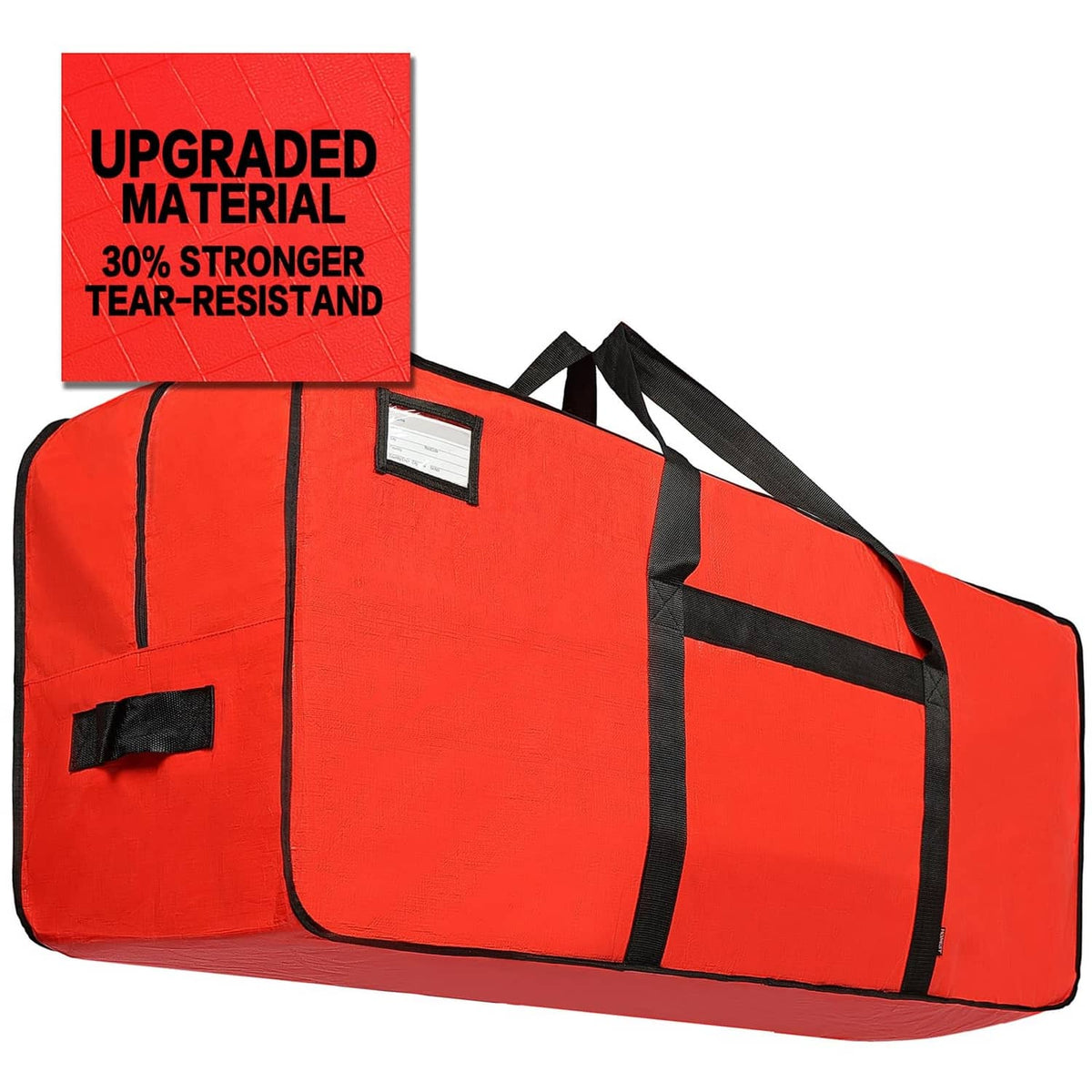 Red Christmas tree storage bag with black straps and label for upgraded tear-resistant material