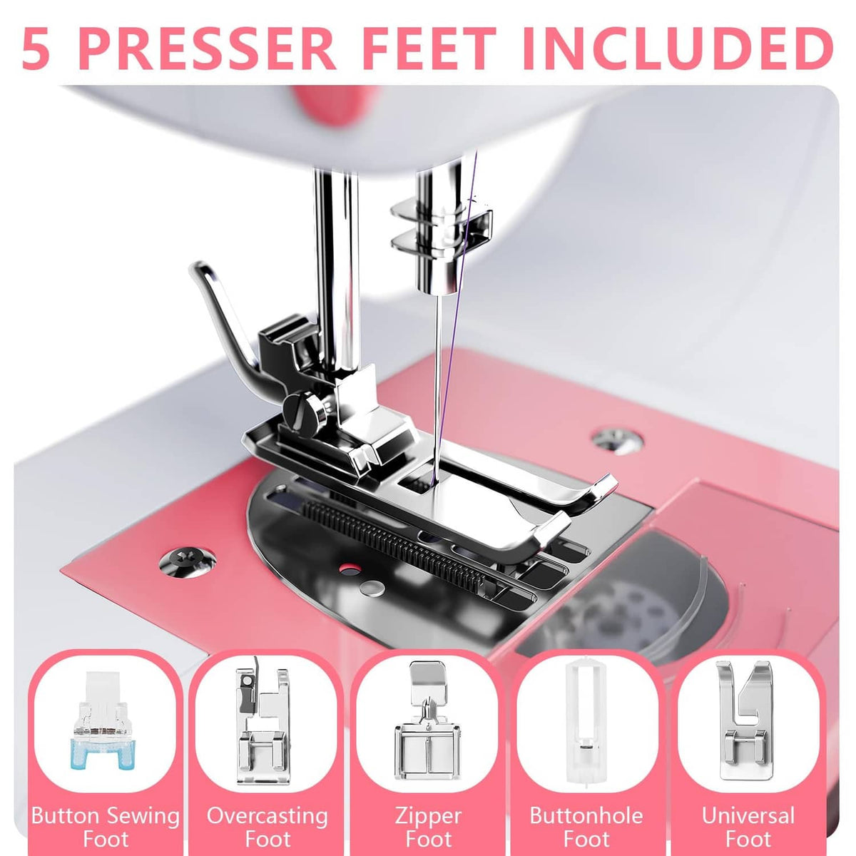 Sewing machine presser foot and needle area with pink fabric under the foot