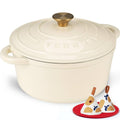 Cream enameled cast iron Dutch oven with gold knob lid and side handles