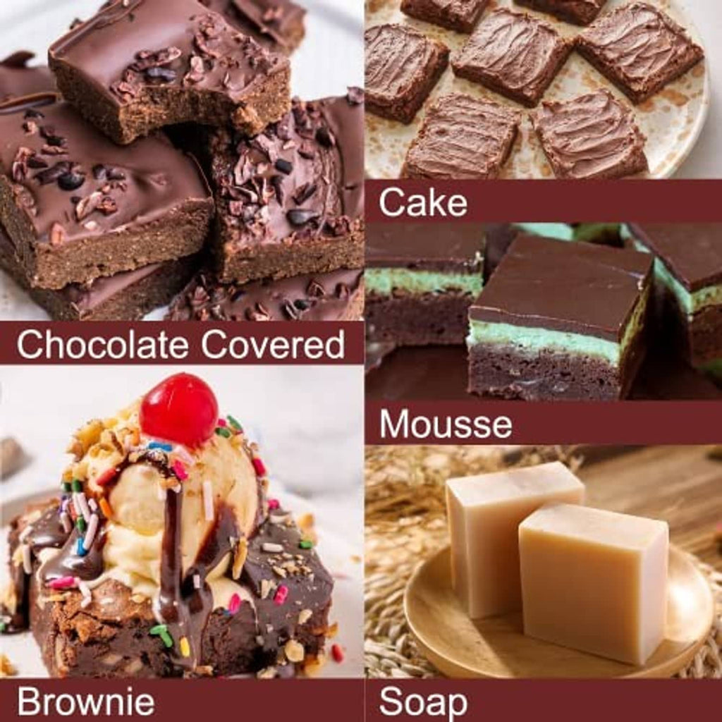 Assorted square brownie pieces with chocolate topping on plates