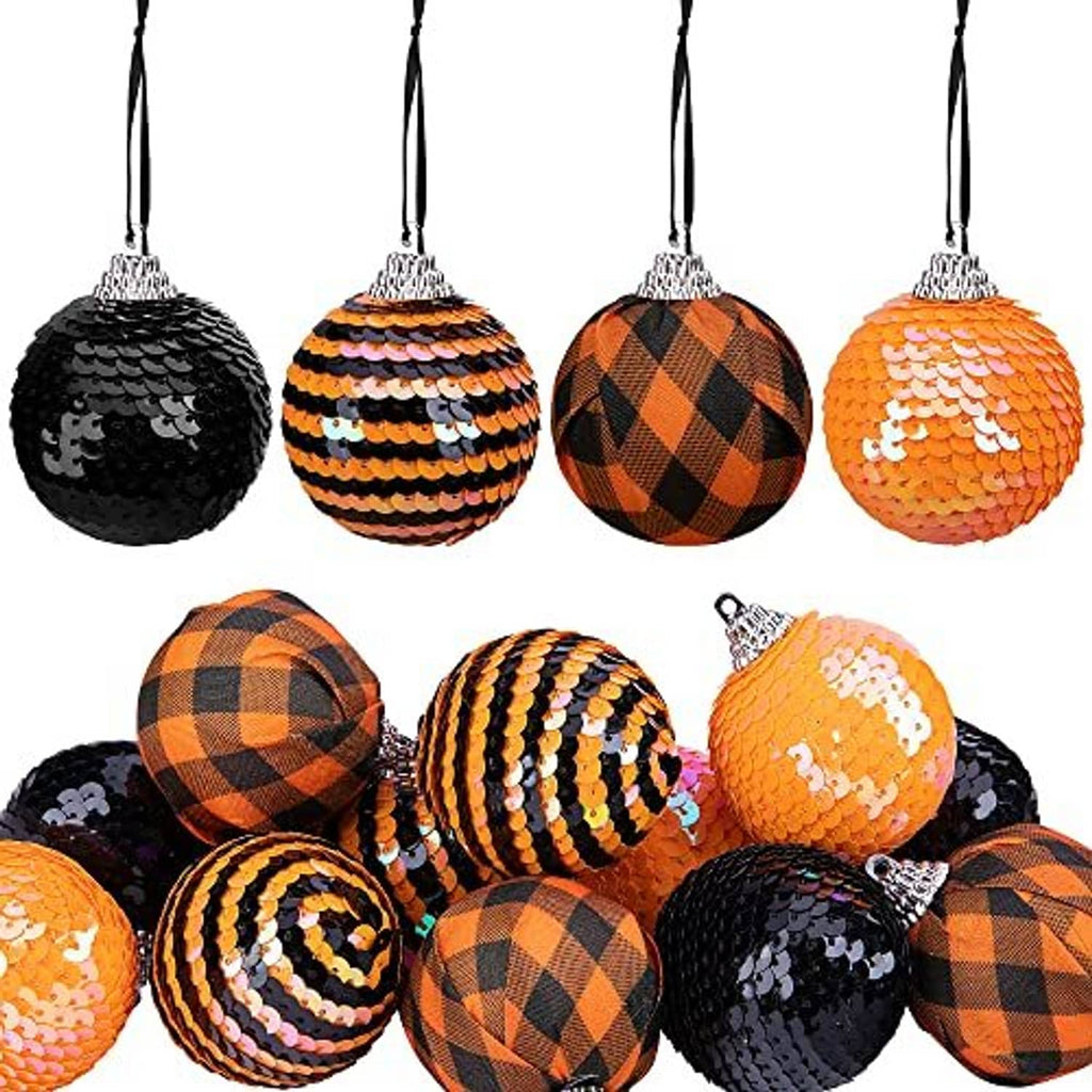 Set of 12 sequin hanging ball ornaments, black, orange plaid, and striped with silver caps