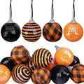 Set of 12 sequin hanging ball ornaments, black, orange plaid, and striped with silver caps