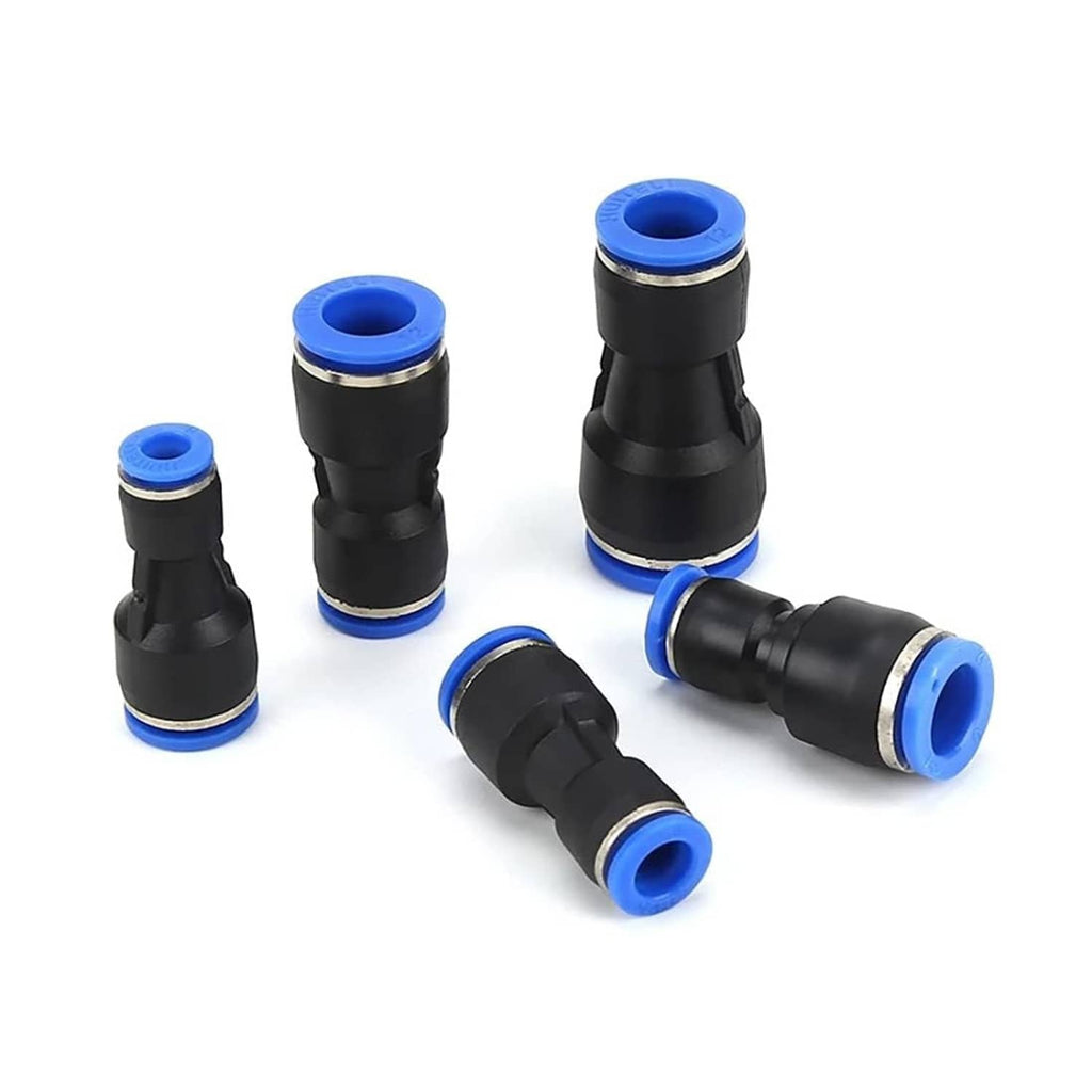 Black push-to-connect tube reducer fittings with blue end rings and metal sealing ring