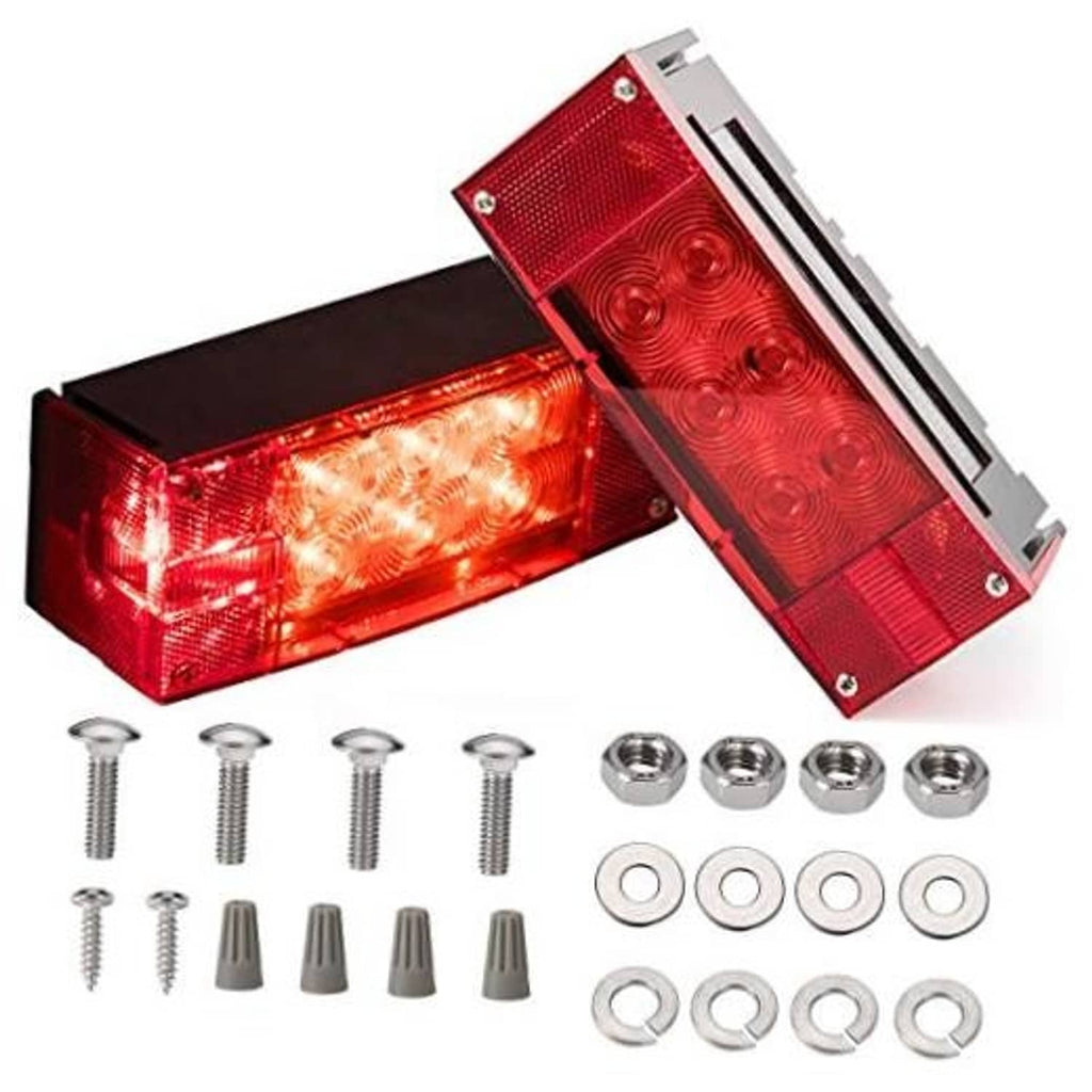Red rectangular LED trailer tail and stop light pair with mounting screws and washers