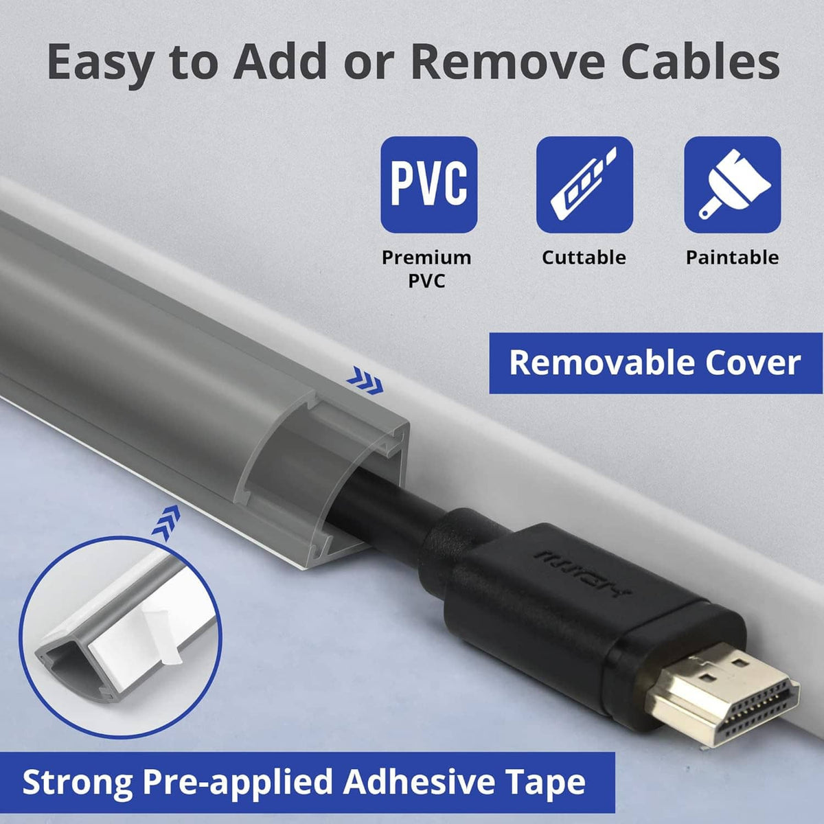 Gray PVC cable cover with removable cover slot holding a black cable and connector.