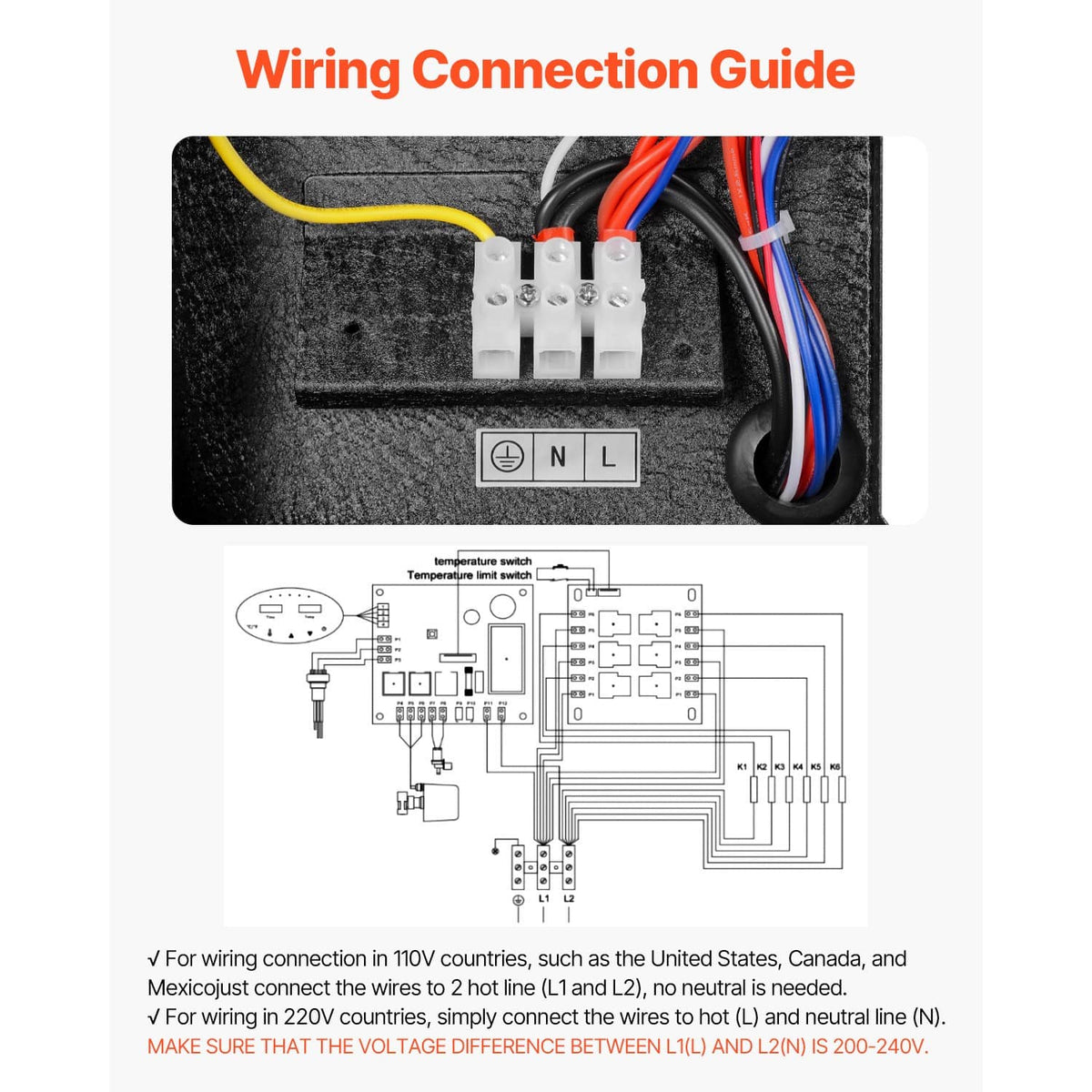 Steam generator wiring terminals inside the black unit with connected colored leads
