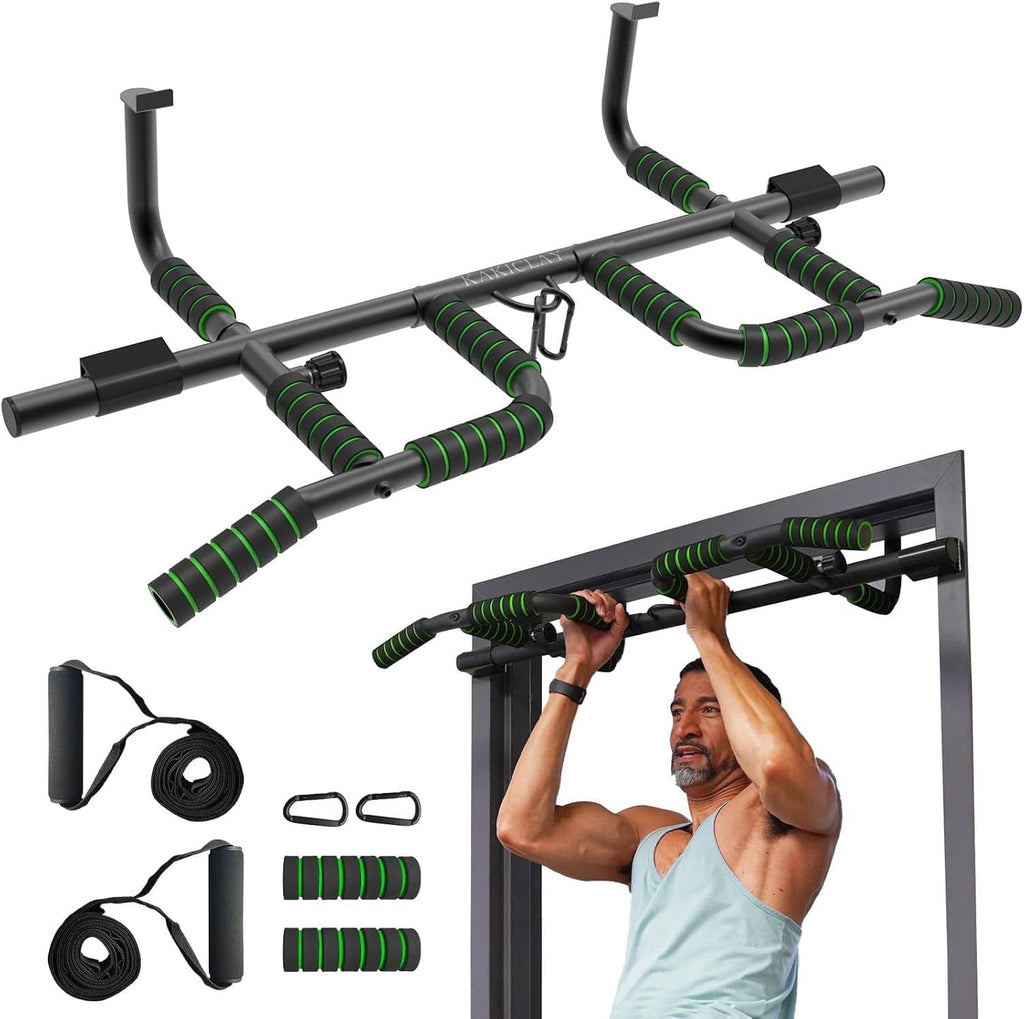 Doorway pull-up bar kit with green-and-black foam grips, strap, and mounting hooks