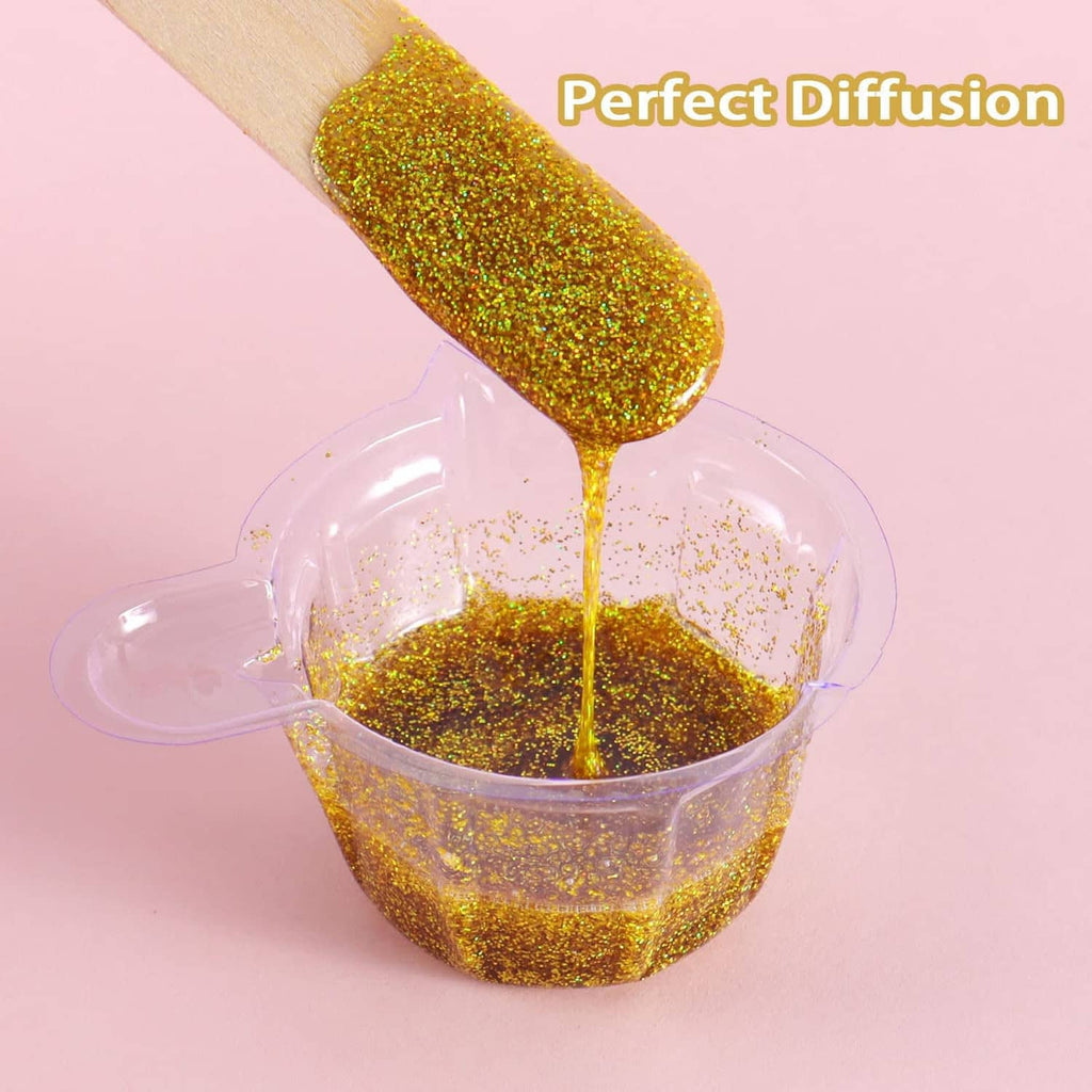 Holographic ultra fine glitter powder pouring and mixing in a small clear cup