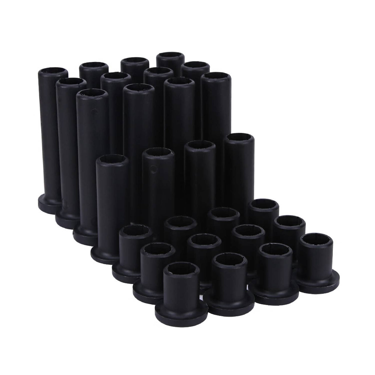 Black front and rear A-arm bushing kit, multiple cylindrical bushings in rows
