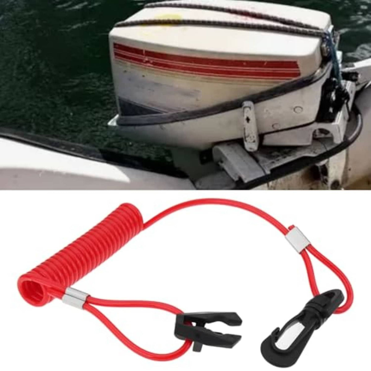 Boat emergency kill switch lanyards set with red coiled lanyard and black clips