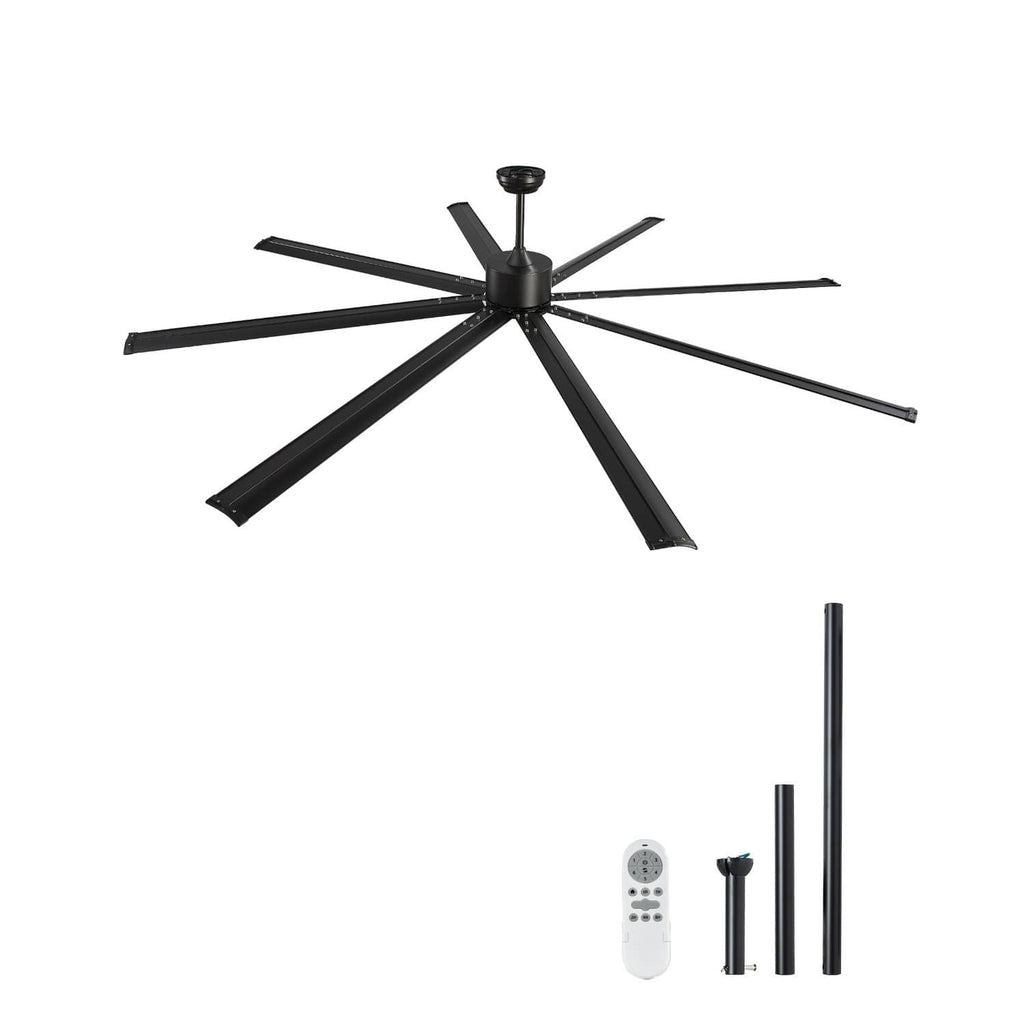 Black ceiling fan with eight blades and included remote control and batteries (shown)