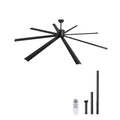 Black ceiling fan with eight blades and included remote control and batteries (shown)