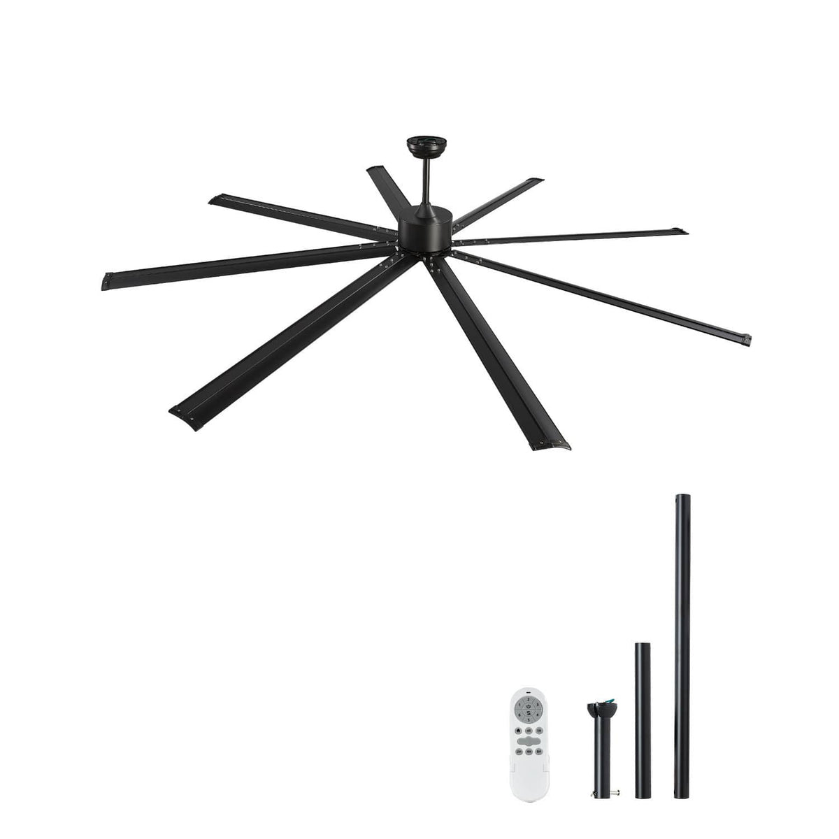 Black ceiling fan with eight blades and included remote control and batteries (shown)