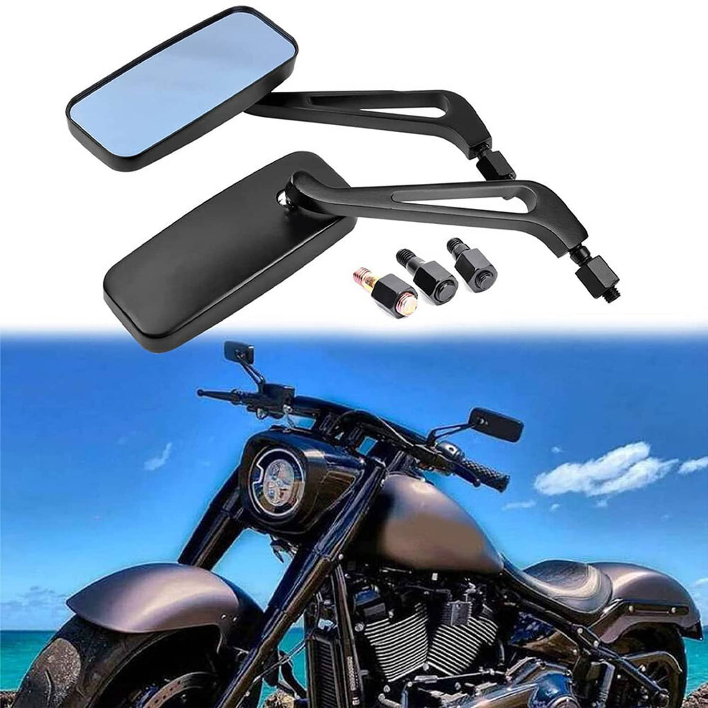 Pair of rectangular rearview mirrors with blue lenses, black mounts, and hardware