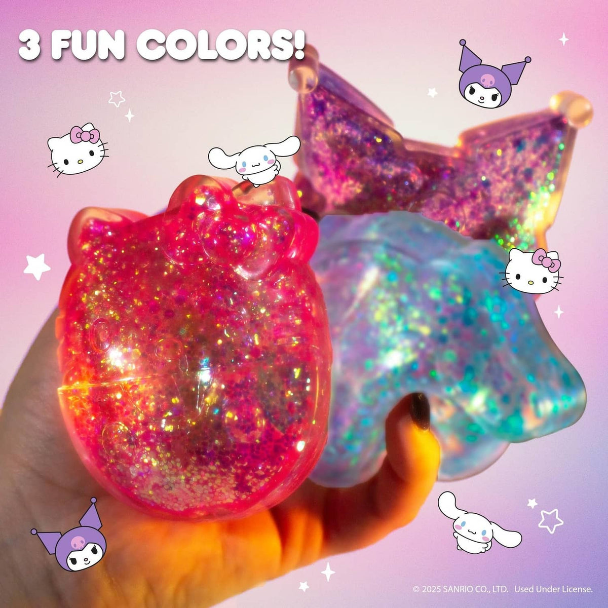 Three glitter gel slime colors in hands: red-orange, rainbow, and blue-purple