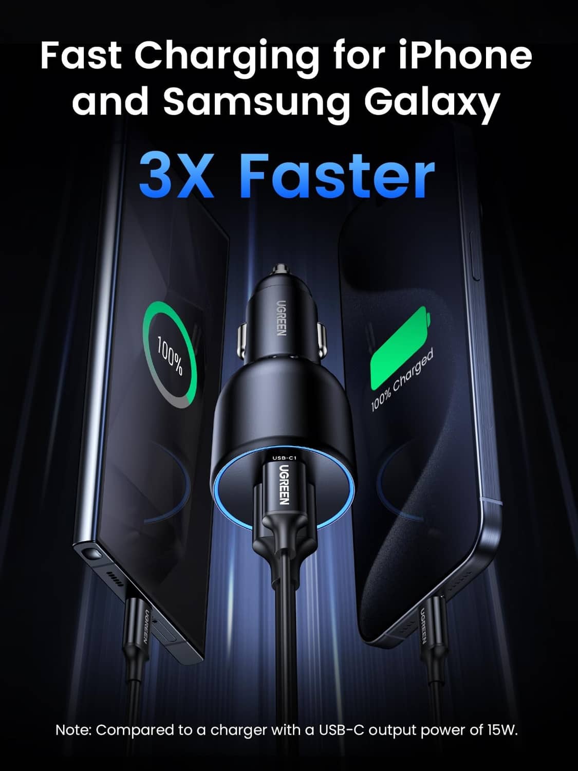 Black car USB-C charger with blue LED ring and built-in USB-A and USB-C outputs