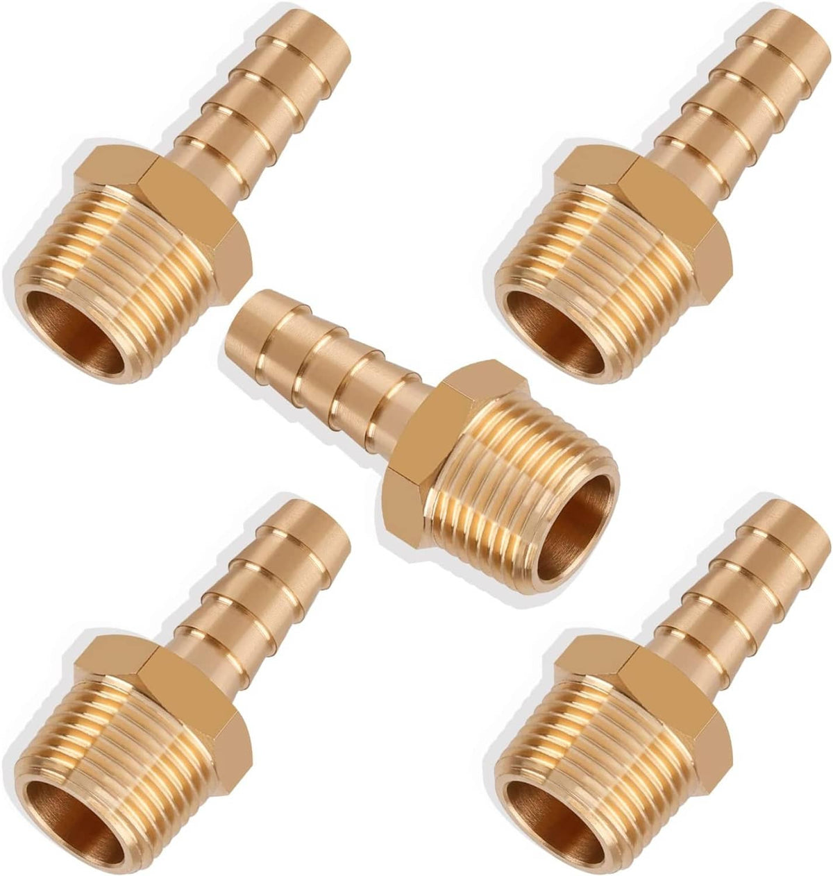 Brass hose barb fitting set with multiple barbed ends and male NPT threads