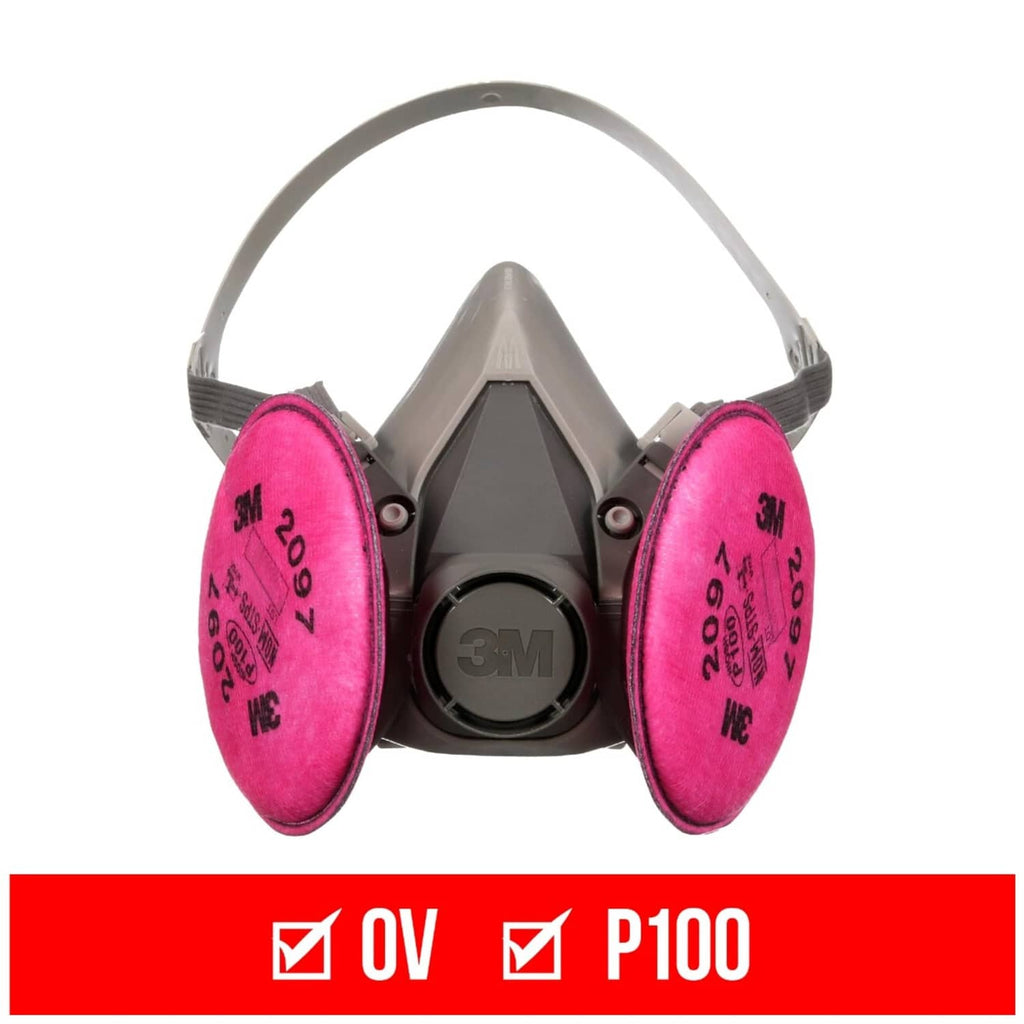 Half-face respirator with two pink P100 filters and headband straps