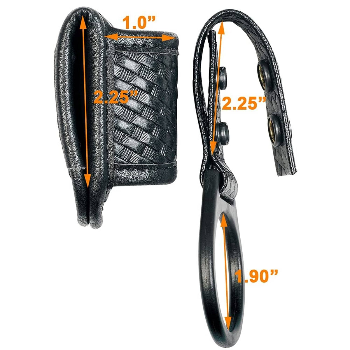 Black open-top flashlight sheath with basketweave texture and side snap
