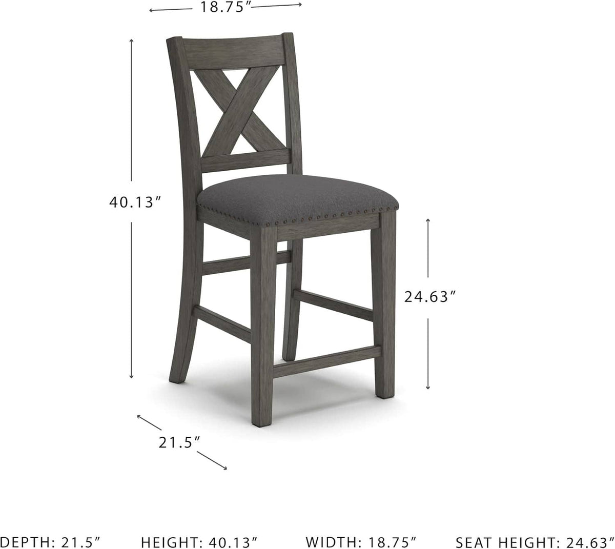 Counter-height upholstered bar stool with X-back and gray upholstered seat