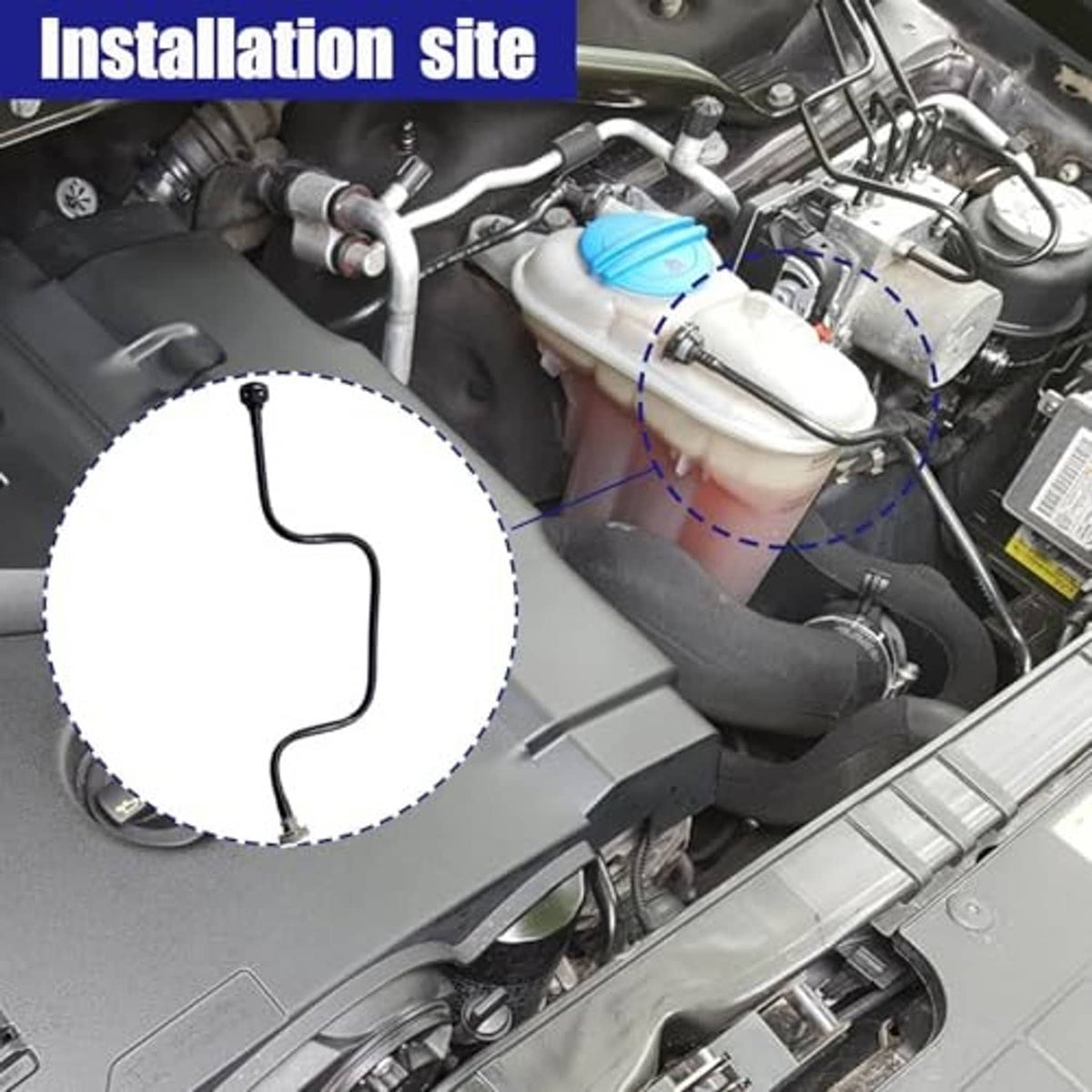 Coolant reservoir hose installed in engine bay, showing dark tubing and fittings