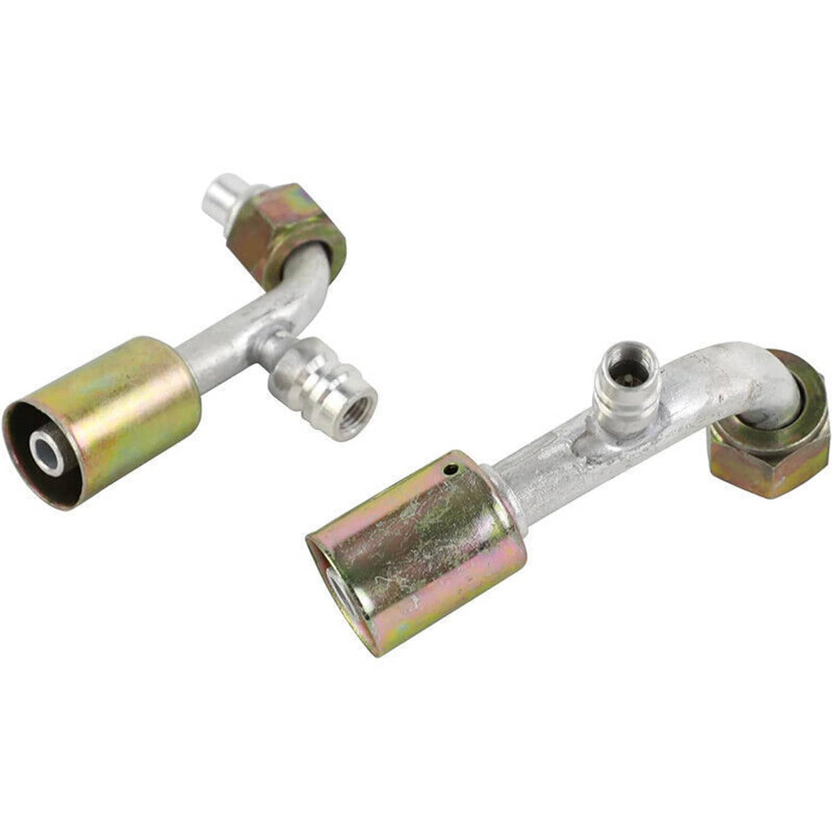 Angled A/C service fittings with hex nuts and threaded ports, two-piece set