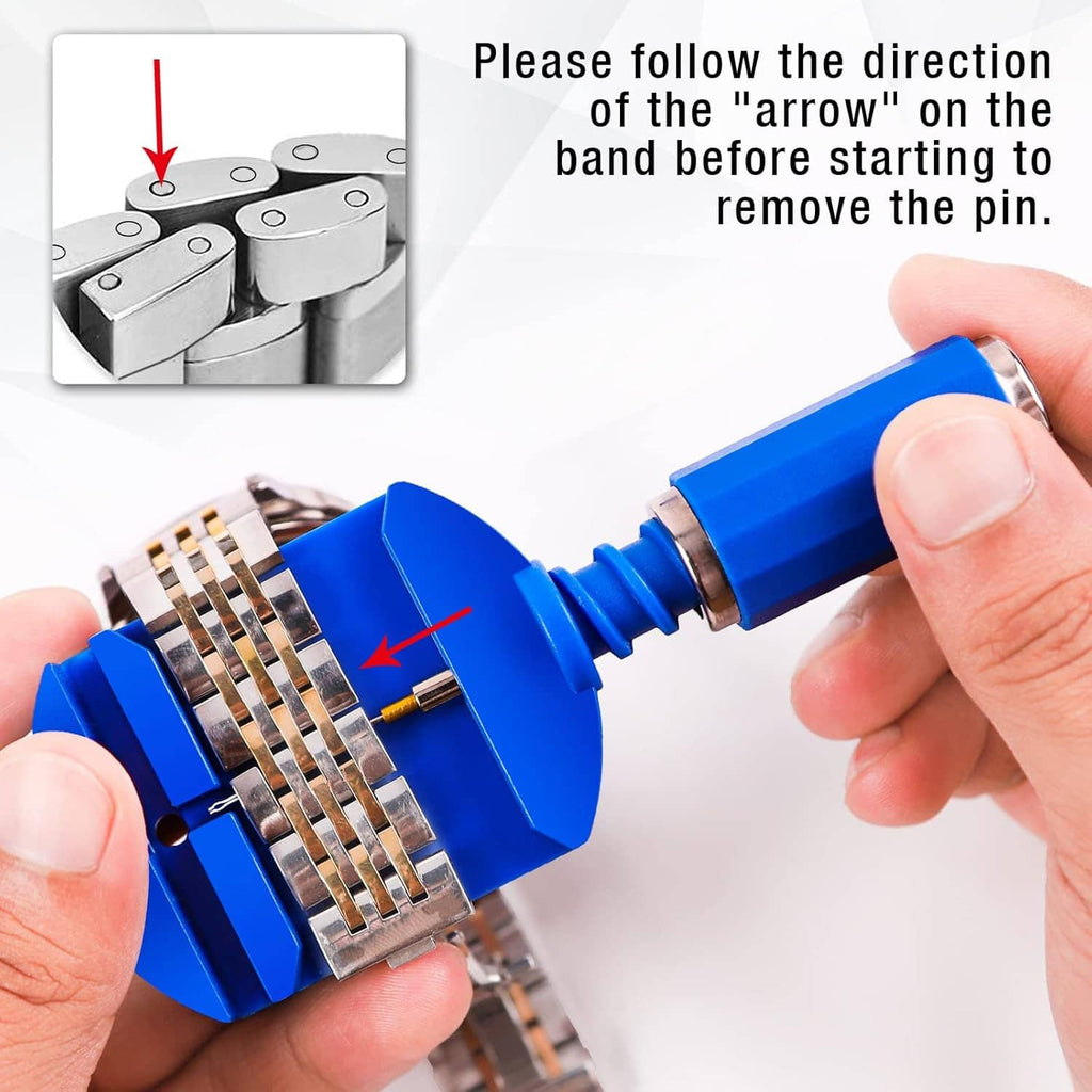 Hands using blue pin remover tool to align and release a watch band pin