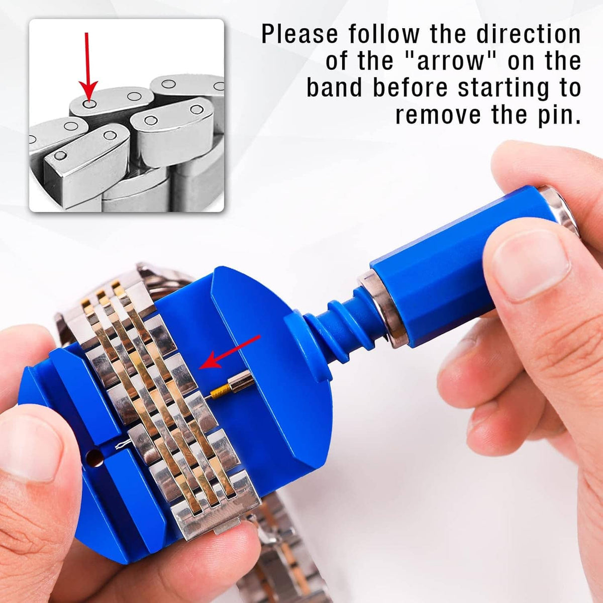 Hands using blue pin remover tool to align and release a watch band pin
