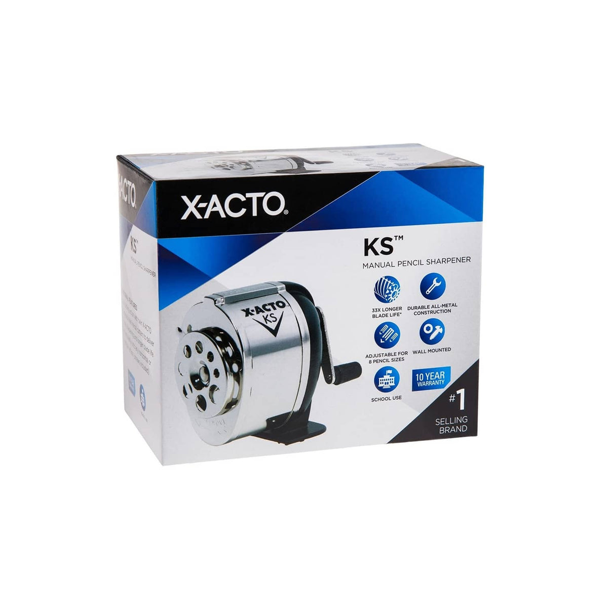 X-ACTO KS manual pencil sharpener retail box, blue-and-white packaging