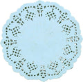 Round light blue paper lace doily, scalloped edge with repeating lattice cutouts