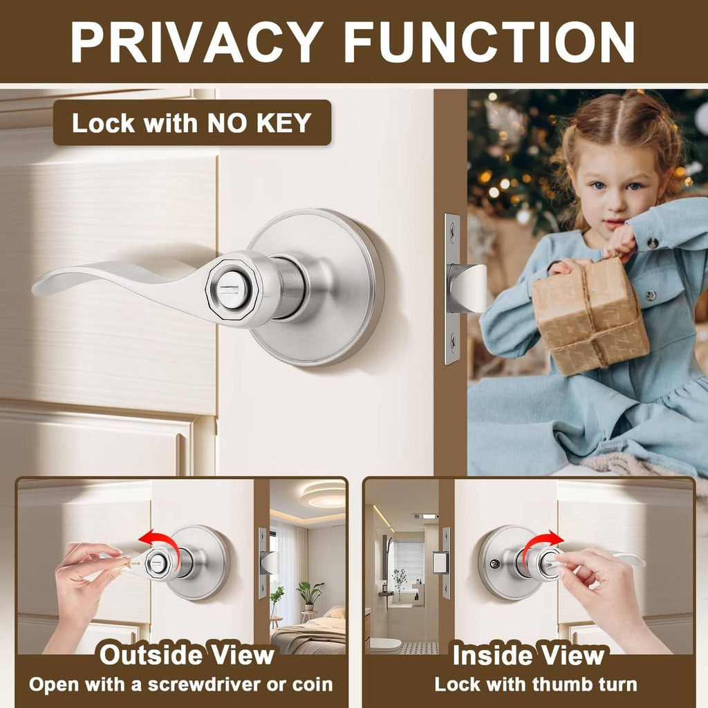Brushed nickel privacy door handle with thumb-turn lock mechanism