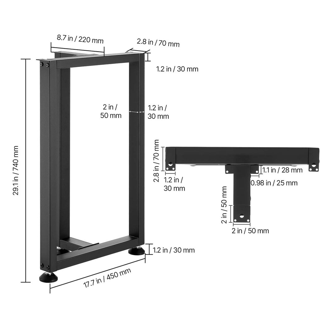 Black steel table legs with side profile and mounting plate details, set of 2