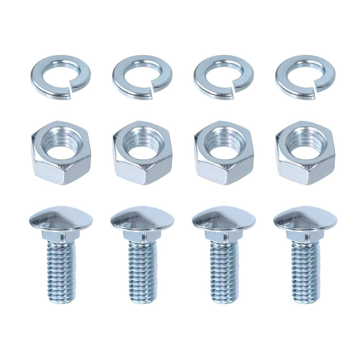 Chrome bumper bolt kit: capped carriage bolts with hex nuts and round washers, silver finish