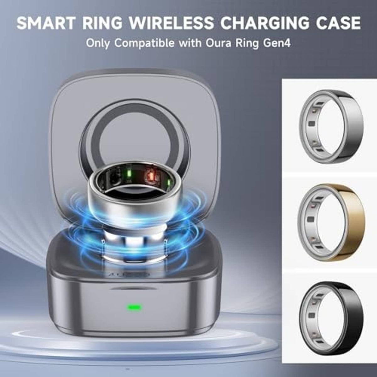 Wireless charging case with ring docked and glowing blue wireless charging coils