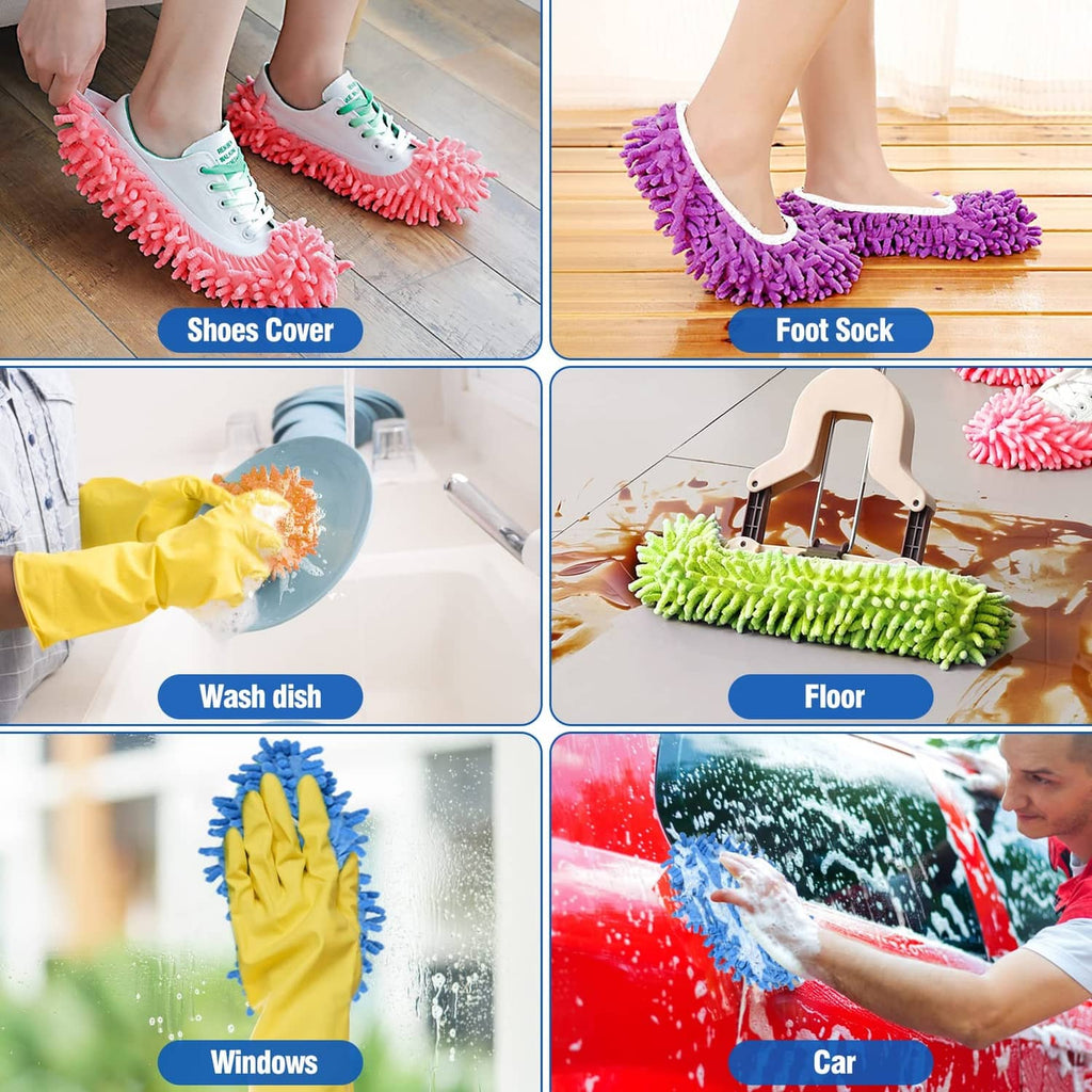 Close-up of microfiber mop shoe covers in pink, purple, and orange colors
