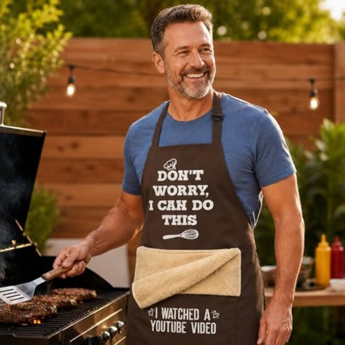 Man grilling wearing dark brown apron with slogan and towel pocket
