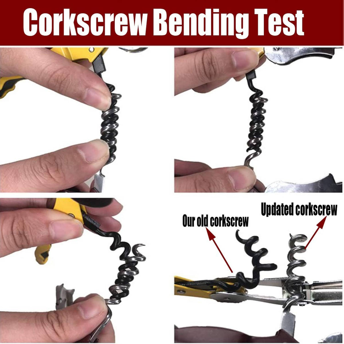 Cyan corkscrew with coiled spiral and lever, shown with bending test angles