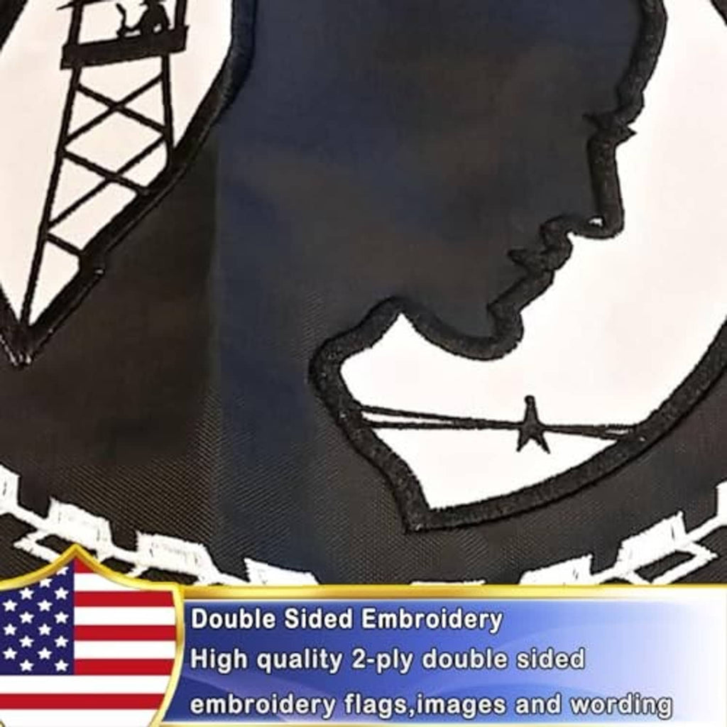 Black POW-MIA embroidered flag close-up of emblem silhouette and double-sided stitching