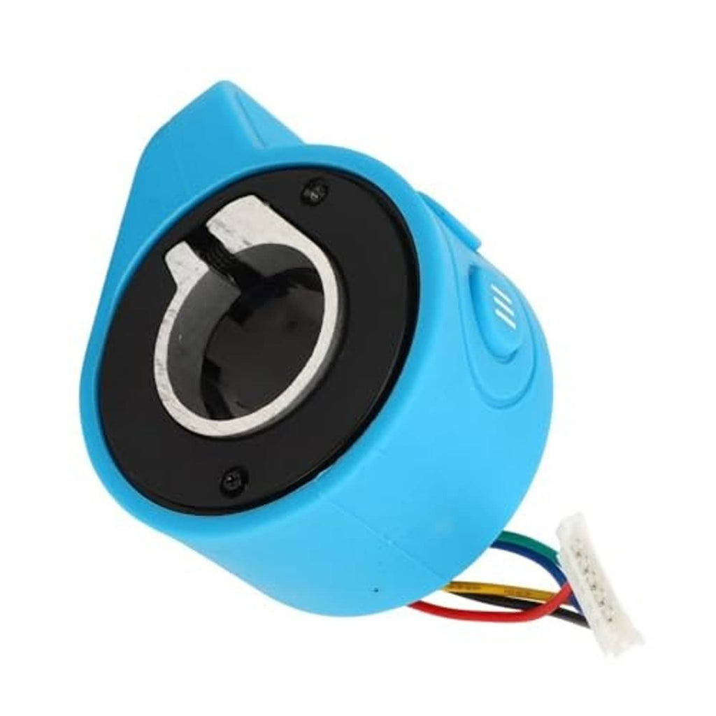Blue thumb throttle with black faceplate and button icons, wiring connector attached