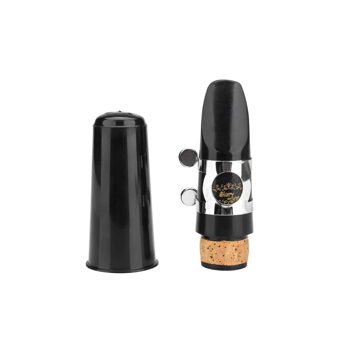 Clarinet mouthpiece kit closeup: black mouthpiece with silver ligature and cork reed
