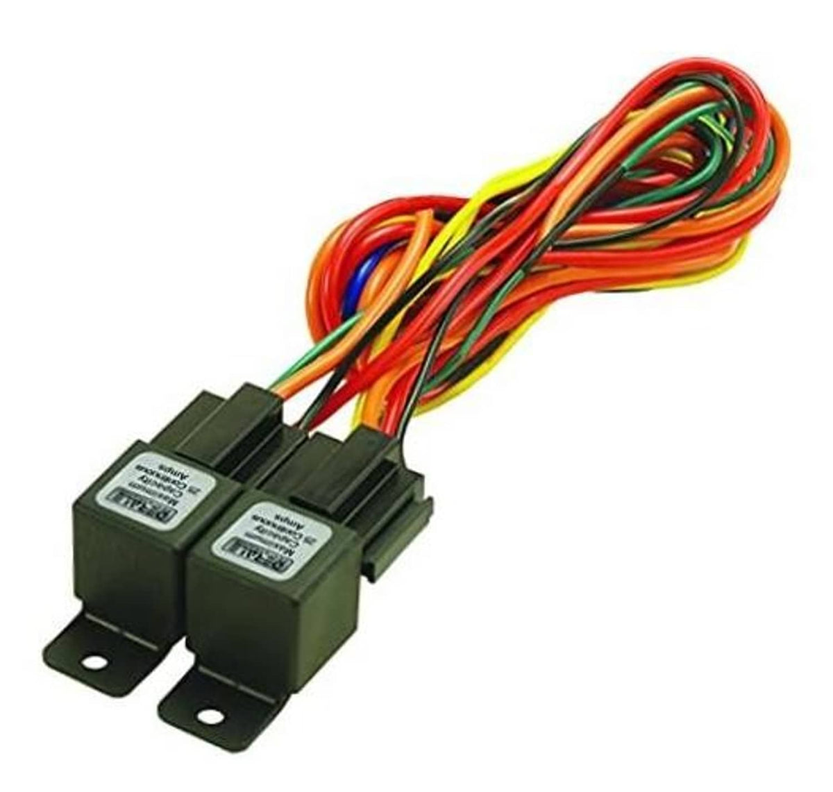 Dual relay wire harness with black modules and multi-colored wiring leads
