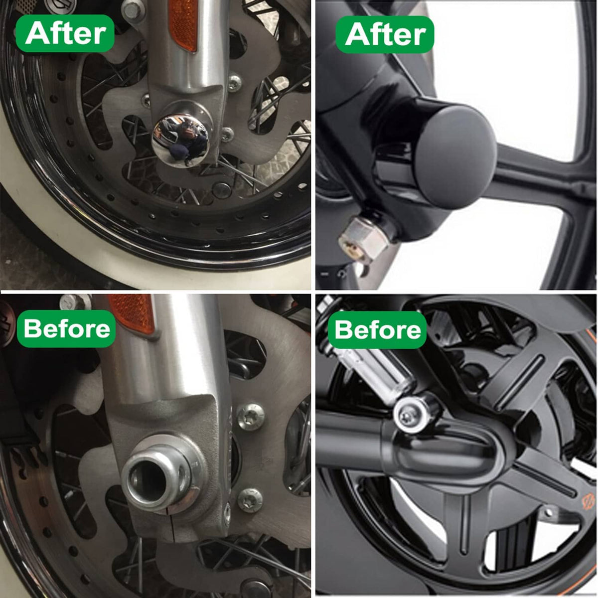 Black front axle cap nut cover installed near motorcycle wheel, two-piece pair