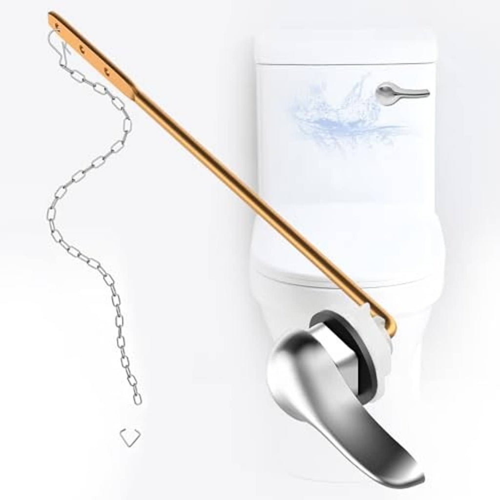 Toilet flush handle replacement kit showing copper bar and silver front-mount handle with chain