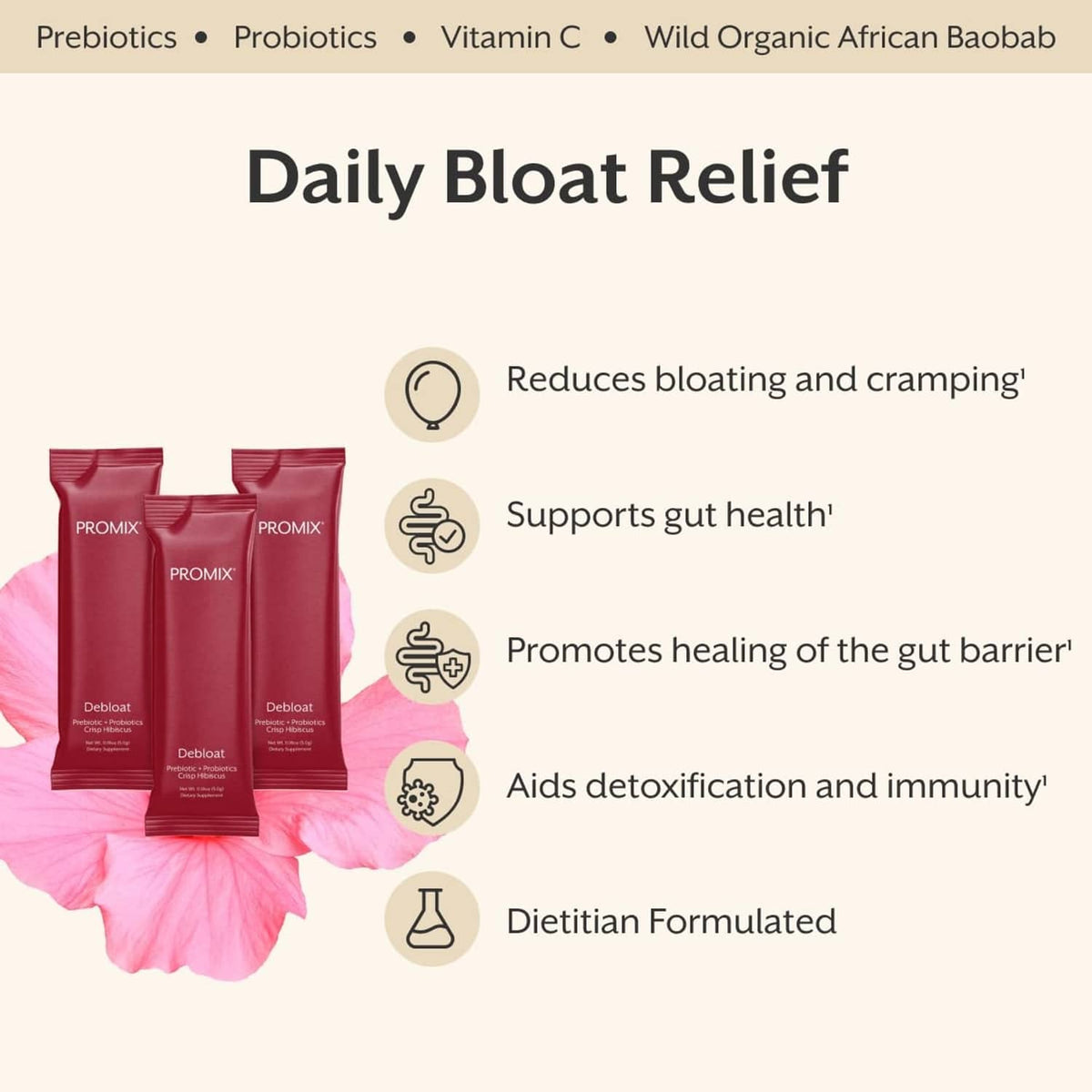 Debloat probiotic snack packaging with icons for gut health and daily relief